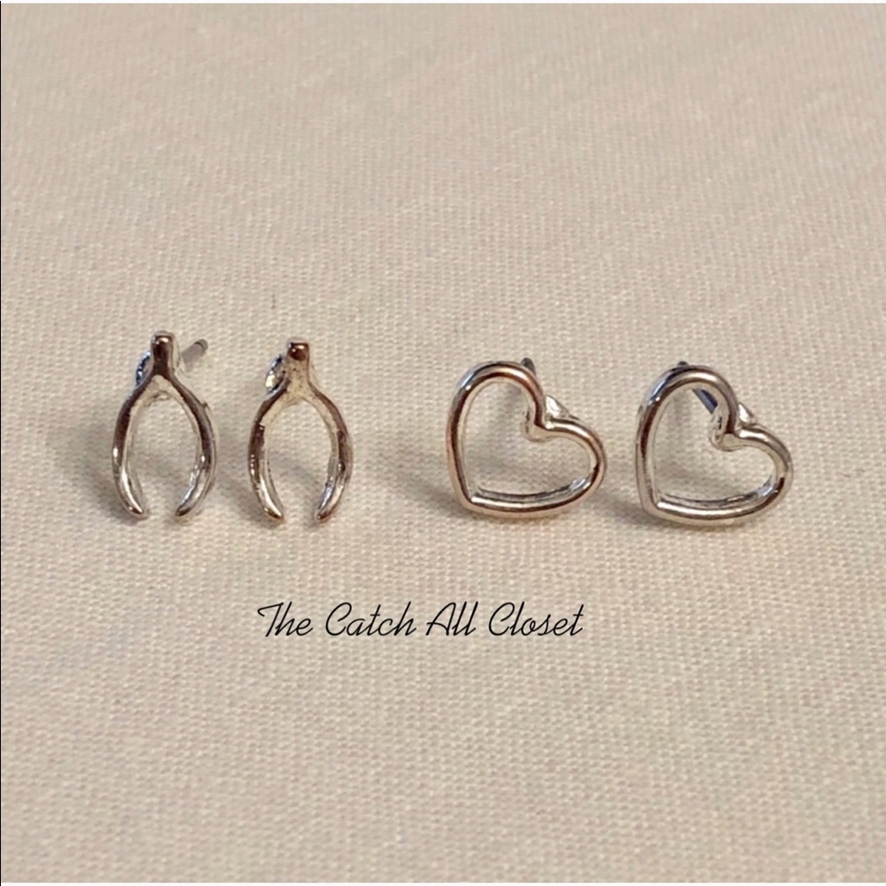 Set of (2) Silver Earrings - Heart & Wishbone